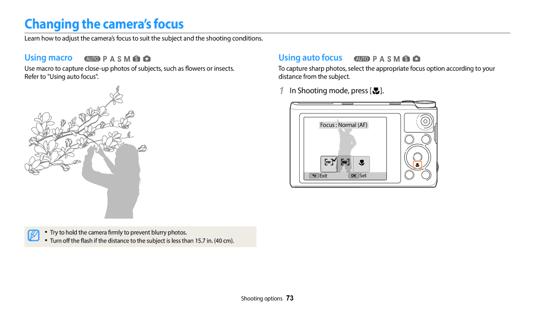 Samsung EC-WB350FBPNE3, EC-WB350FBPBFR Changing the camera’s focus, Using auto focus T p a h M s g, Shooting mode, press c 