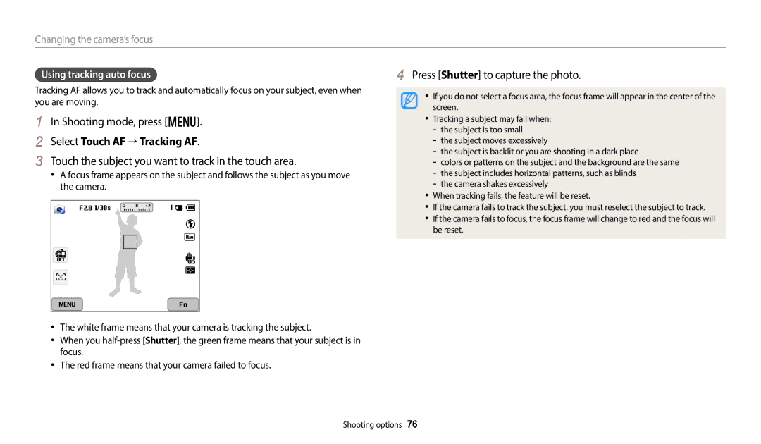 Samsung EC-WB350FBPWE3 manual Select Touch AF → Tracking AF, Touch the subject you want to track in the touch area 