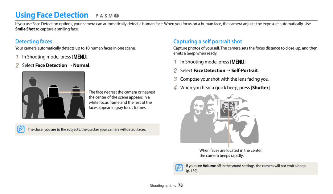 Samsung EC-WB350FBPUE3, EC-WB350FBPBFR Using Face Detection p a h M s, Detecting faces, Capturing a self portrait shot 