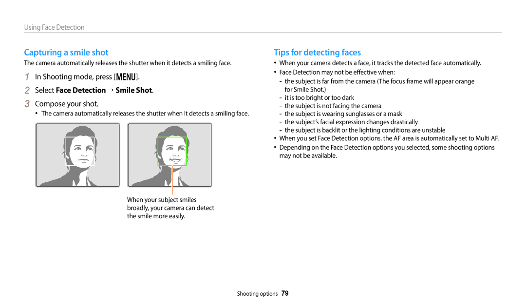 Samsung EC-WB50FZBPRE3 manual Capturing a smile shot, Tips for detecting faces, Select Face Detection → Smile Shot 