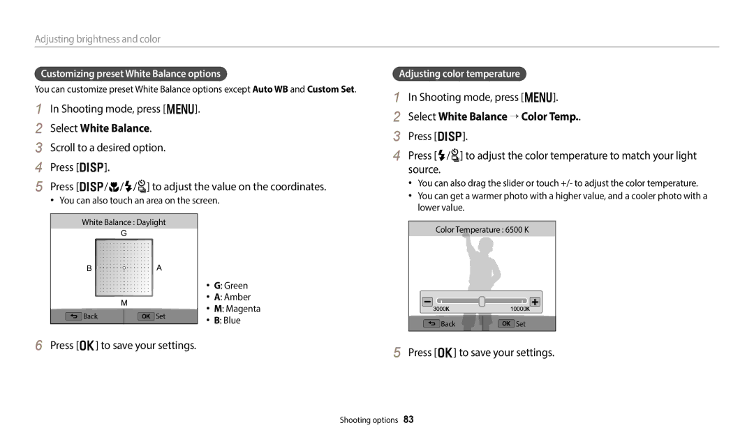 Samsung EC-WB350FBPWE2, EC-WB350FBPBFR manual Select White Balance → Color Temp, Customizing preset White Balance options 