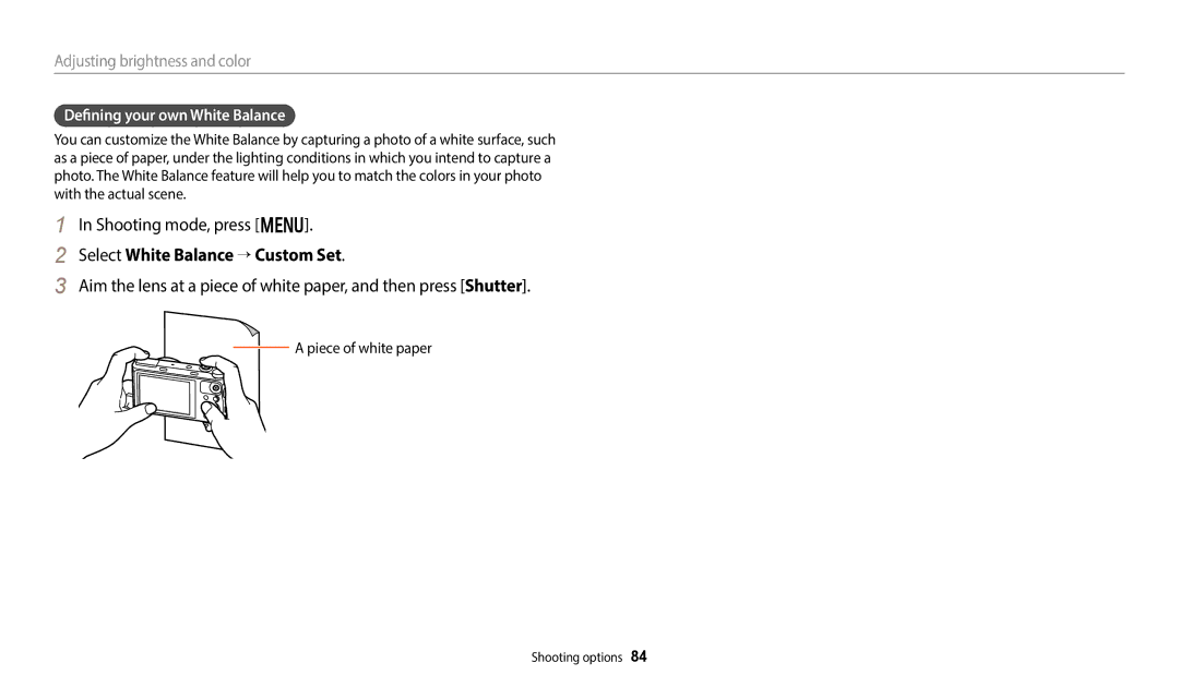Samsung EC-WB50FZBPBE2 manual Select White Balance → Custom Set, Defining your own White Balance, Piece of white paper 