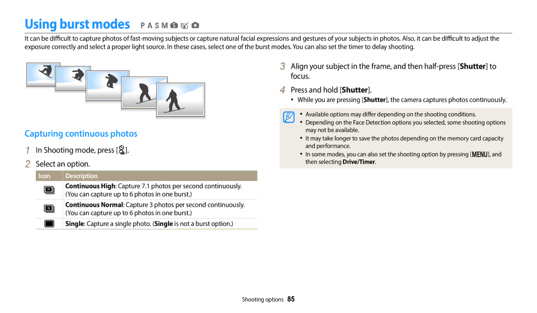 Samsung EC-WB350FBPRE2, EC-WB350FBPBFR, EC-WB50FZBPBFR manual Using burst modes p a h M s i g, Capturing continuous photos 