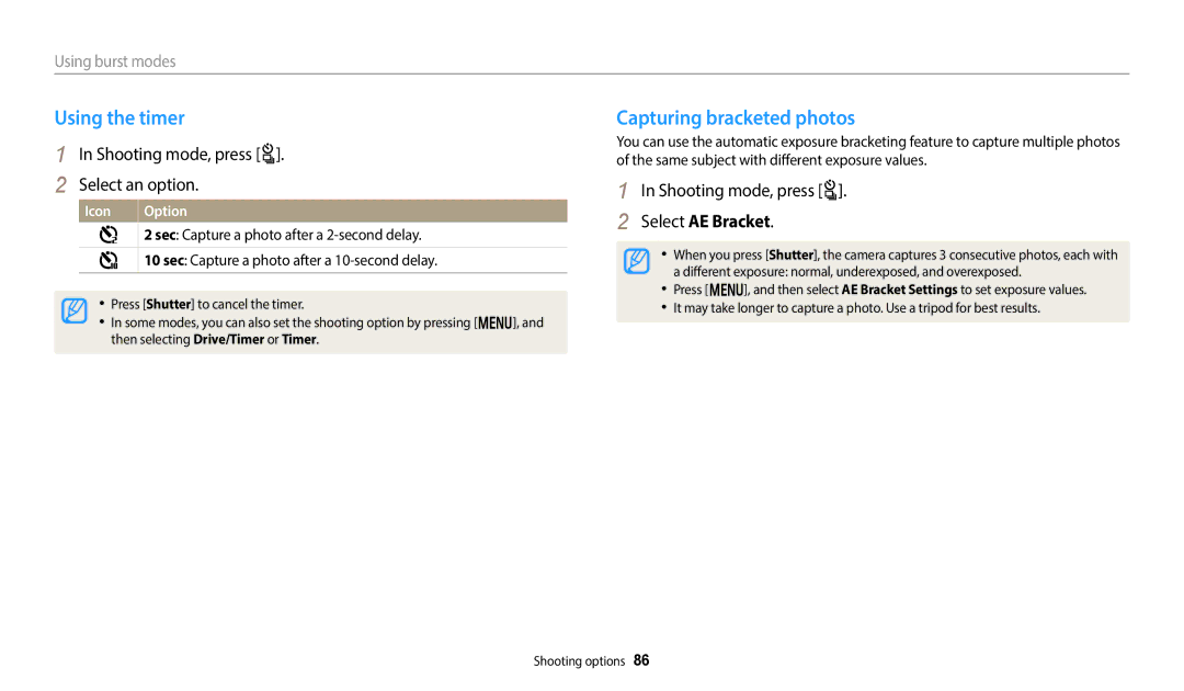 Samsung EC-WB350FBPNE2 Using the timer, Capturing bracketed photos, Shooting mode, press t, Select AE Bracket, Icon Option 