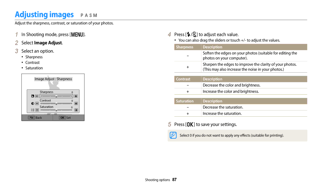 Samsung EC-WB352FBDWE2, EC-WB350FBPBFR manual Adjusting images p a h M, Select Image Adjust, Press F/t to adjust each value 