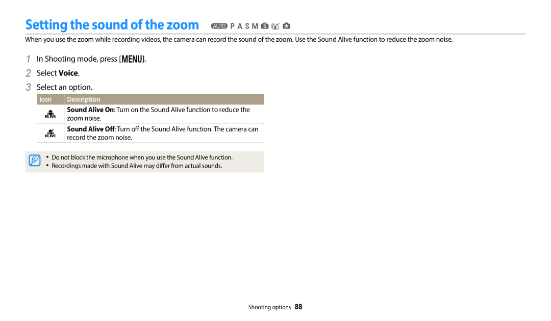 Samsung EC-WB350FBPBE2 Setting the sound of the zoom T p a h M s i g, Shooting mode, press m Select Voice Select an option 