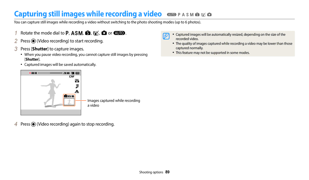 Samsung EC-WB50FZBPWE2, EC-WB350FBPBFR, EC-WB50FZBPBFR, EC-WB352FBDWFR manual Press Video recording again to stop recording 