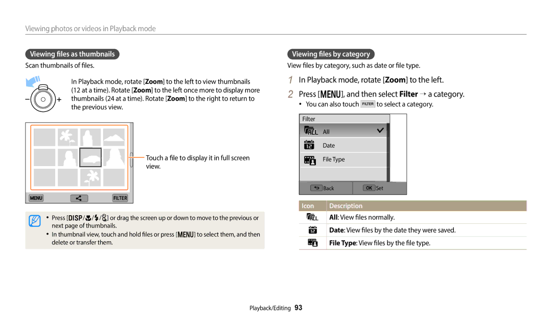 Samsung EC-WB350FBPRRU Viewing files as thumbnails, Viewing files by category, ‡ You can also touch to select a category 