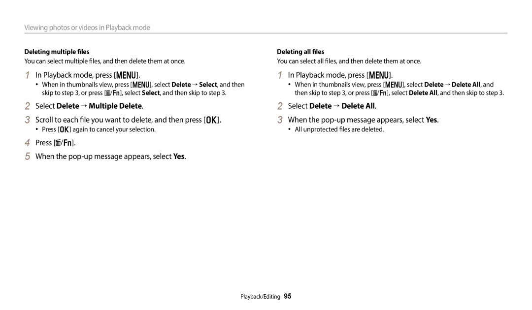 Samsung EC-WB350FBPURU, EC-WB350FBPBFR Playback mode, press m, Select Delete → Multiple Delete, Select Delete → Delete All 