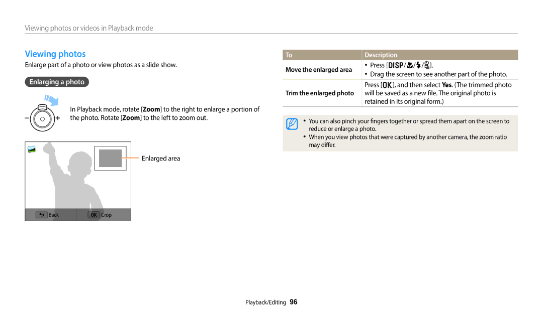 Samsung EC-WB350FBPBKZ manual Viewing photos, Enlarging a photo, Enlarge part of a photo or view photos as a slide show 