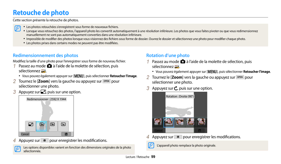 Samsung EC-WB350FBPWFR Retouche de photo, Redimensionnement des photos, Appuyez sur Pour enregistrer les modifications 