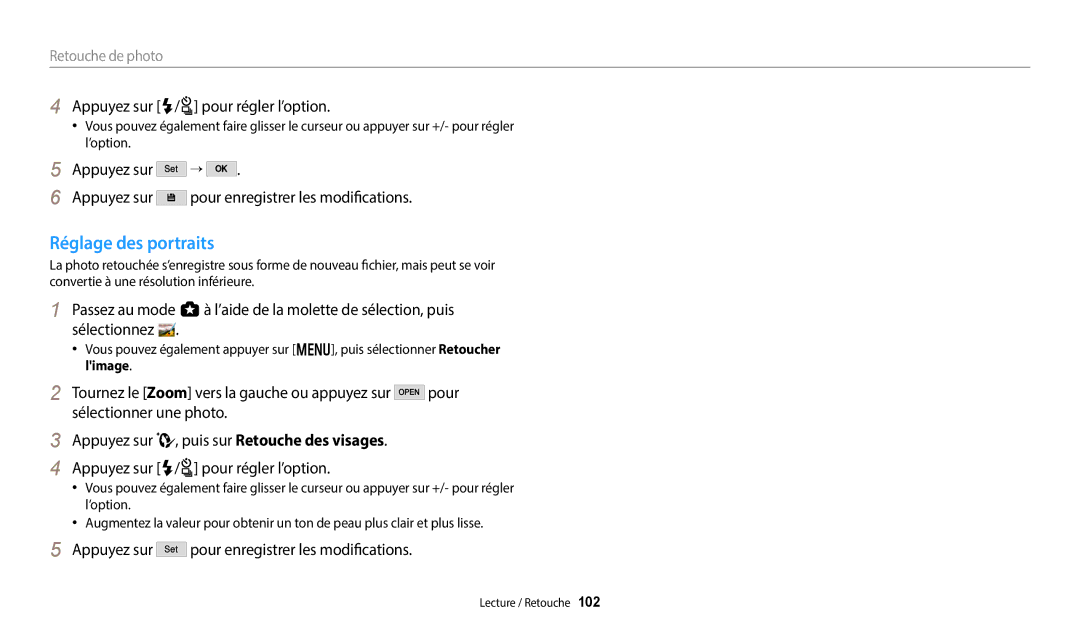 Samsung EC-WB50FZBPBFR, EC-WB350FBPBFR, EC-WB352FBDWFR manual Réglage des portraits, Appuyez sur F/t pour régler l’option 