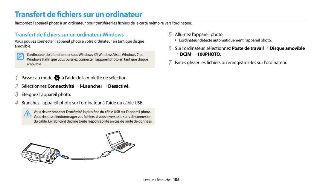 Samsung EC-WB350FBPWFR, EC-WB350FBPBFR, EC-WB50FZBPBFR, EC-WB352FBDWFR Transfert de fichiers sur un ordinateur Windows 