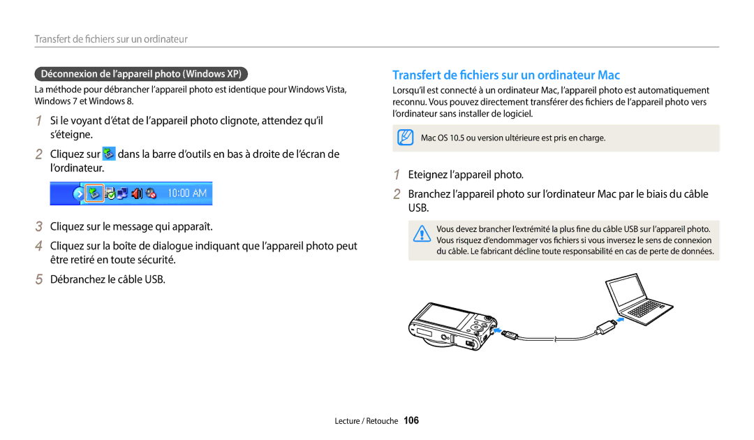 Samsung EC-WB50FZBPWFR manual Transfert de fichiers sur un ordinateur Mac, Déconnexion de l’appareil photo Windows XP 