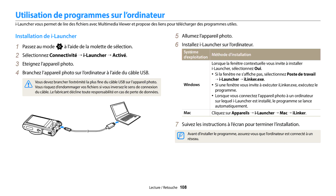 Samsung EC-WB50FZBPBFR, EC-WB350FBPBFR manual Utilisation de programmes sur l’ordinateur, Installation de i-Launcher 