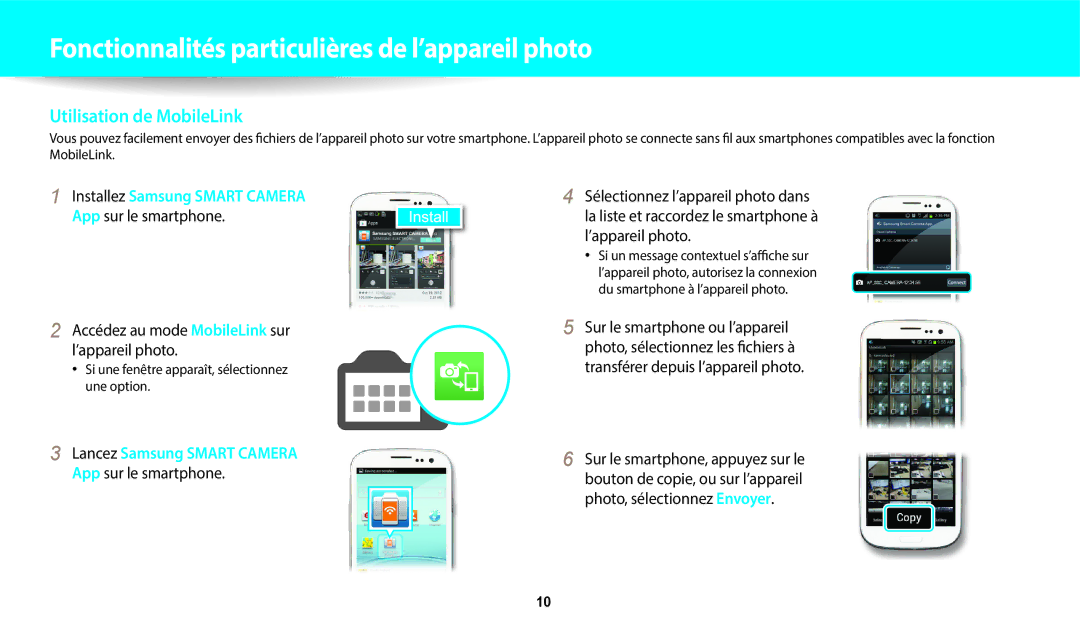 Samsung EC-WB50FZBPWFR, EC-WB350FBPBFR manual Utilisation de MobileLink, Si une fenêtre apparaît, sélectionnez une option 