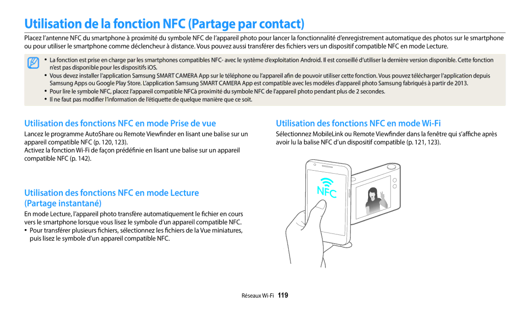 Samsung EC-WB350FBPBFR Utilisation de la fonction NFC Partage par contact, Utilisation des fonctions NFC en mode Wi-Fi 