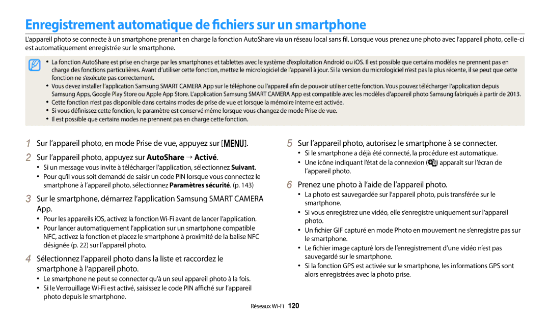 Samsung EC-WB50FZBPBFR, EC-WB350FBPBFR, EC-WB352FBDWFR manual Enregistrement automatique de fichiers sur un smartphone 