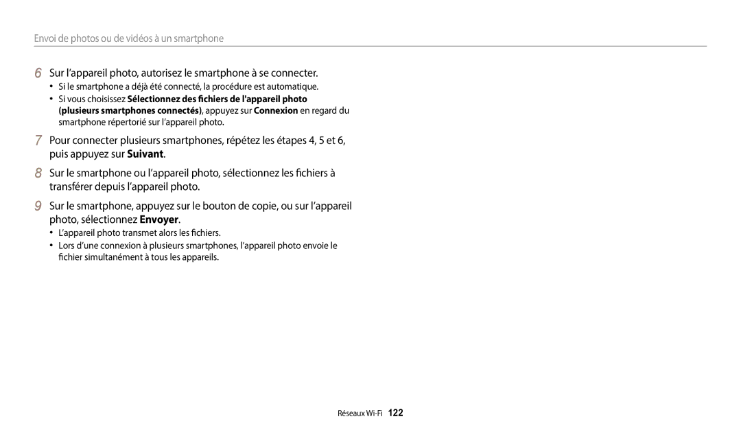 Samsung EC-WB352FBDBFR, EC-WB350FBPBFR, EC-WB50FZBPBFR, EC-WB352FBDWFR manual Envoi de photos ou de vidéos à un smartphone 