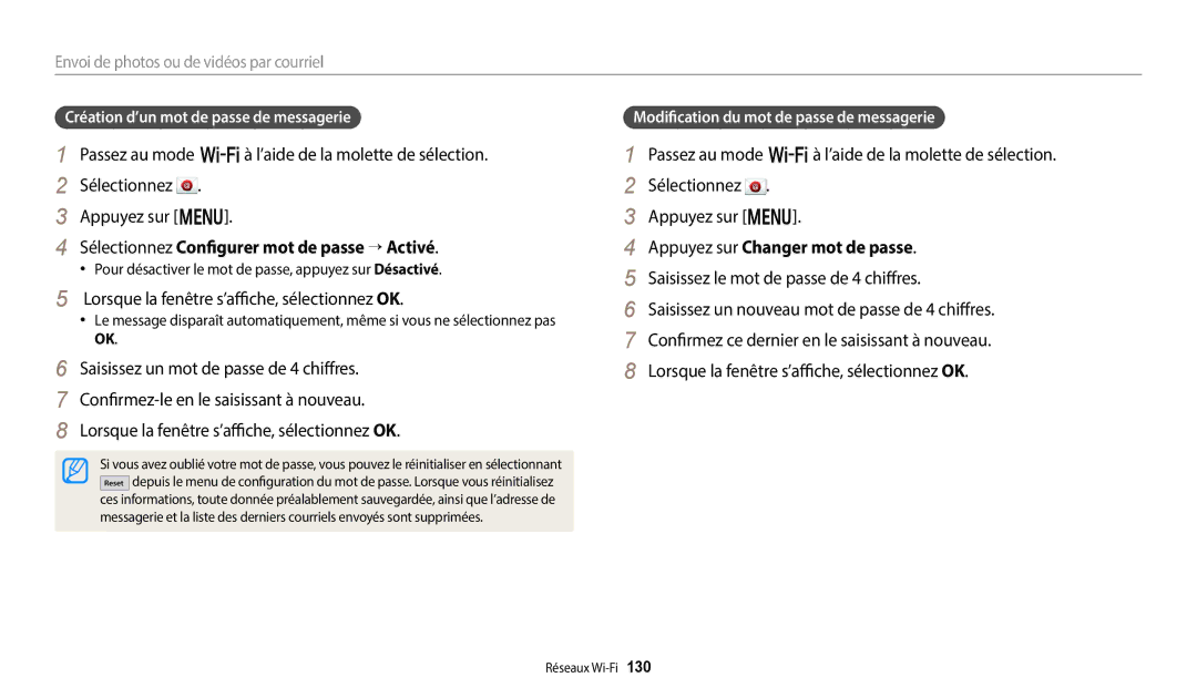 Samsung EC-WB50FZBPWFR manual Sélectionnez Configurer mot de passe → Activé, Lorsque la fenêtre s’affiche, sélectionnez OK 