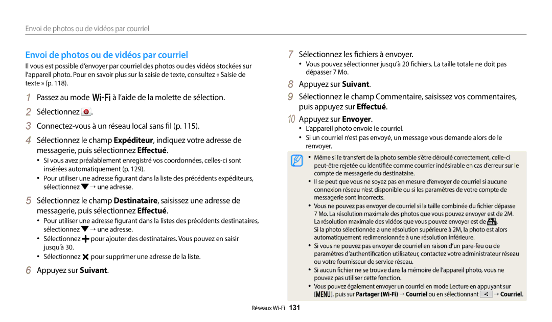 Samsung EC-WB350FBPBFR Envoi de photos ou de vidéos par courriel, Sélectionnez les fichiers à envoyer, Appuyez sur Suivant 