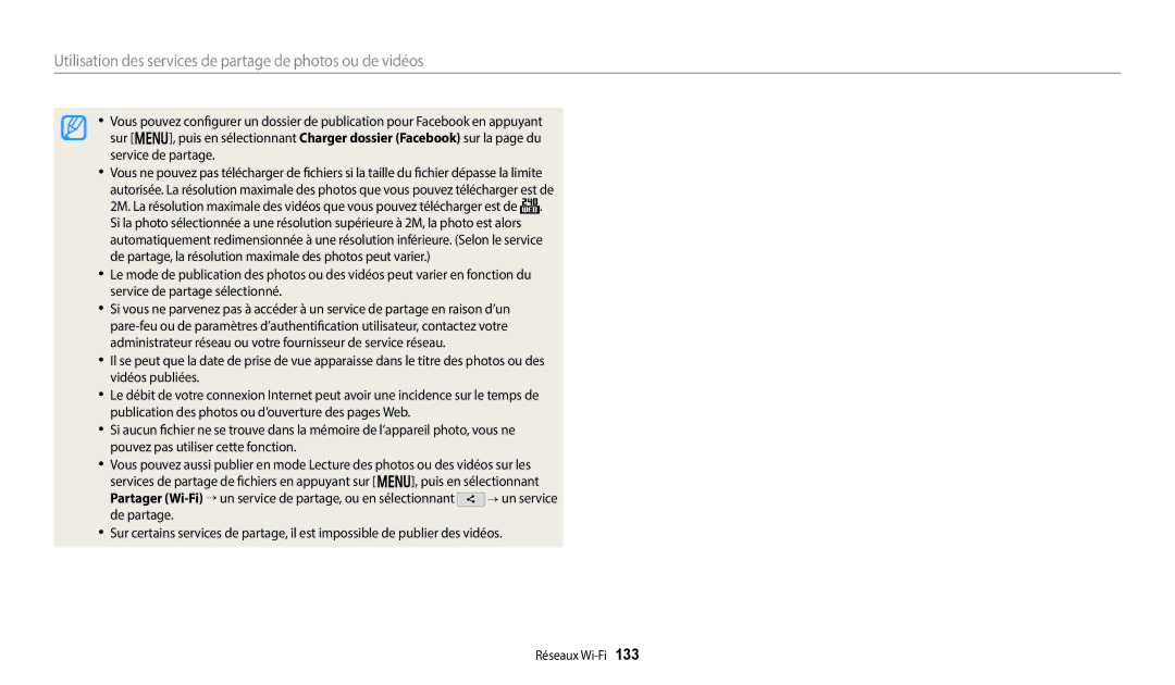 Samsung EC-WB352FBDWFR, EC-WB350FBPBFR, EC-WB50FZBPBFR manual Utilisation des services de partage de photos ou de vidéos 