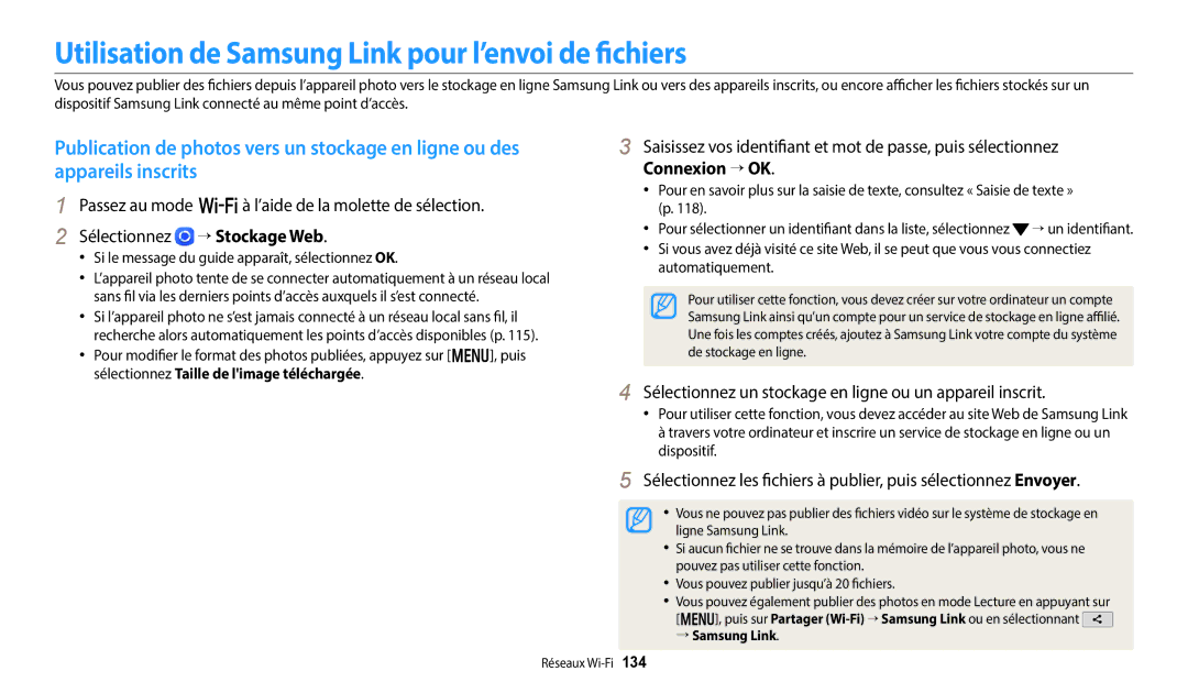 Samsung EC-WB352FBDBFR, EC-WB350FBPBFR, EC-WB50FZBPBFR, EC-WB352FBDWFR Utilisation de Samsung Link pour l’envoi de fichiers 