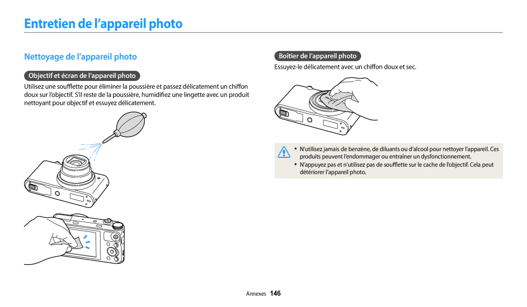 Samsung EC-WB352FBDBFR Entretien de l’appareil photo, Nettoyage de l’appareil photo, Objectif et écran de l’appareil photo 