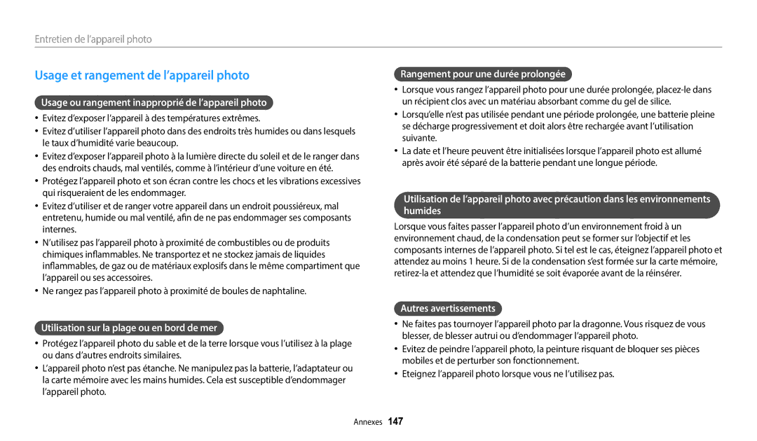 Samsung EC-WB350FBPWFR manual Usage et rangement de l’appareil photo, Usage ou rangement inapproprié de l’appareil photo 