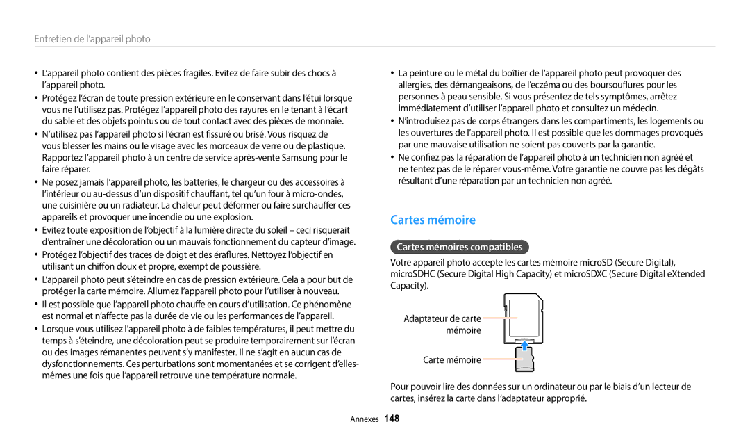 Samsung EC-WB50FZBPWFR, EC-WB350FBPBFR, EC-WB50FZBPBFR, EC-WB352FBDWFR, EC-WB352FBDBFR manual Cartes mémoires compatibles 