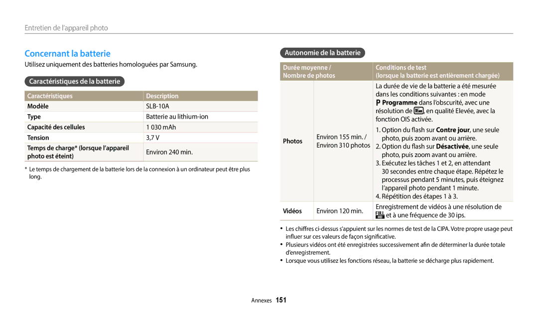 Samsung EC-WB352FBDWFR manual Concernant la batterie, Caractéristiques de la batterie, Caractéristiques Description 