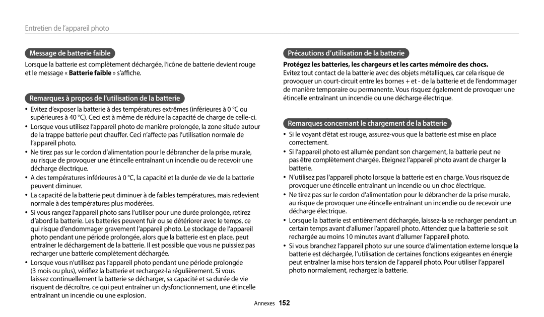 Samsung EC-WB352FBDBFR, EC-WB350FBPBFR, EC-WB50FZBPBFR manual Remarques concernant le chargement de la batterie, 152 