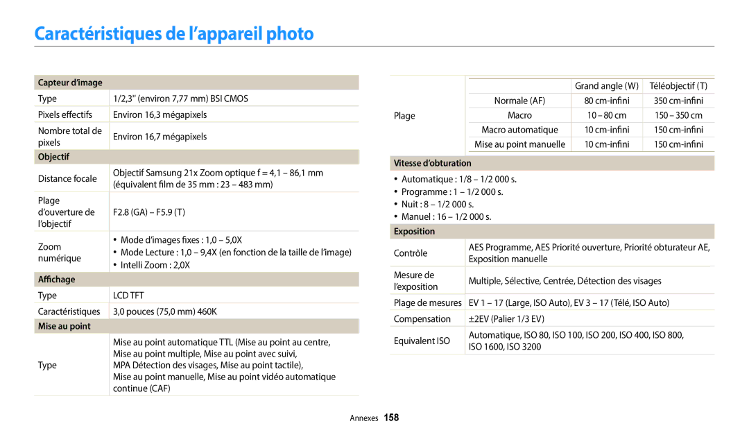 Samsung EC-WB352FBDBFR manual Caractéristiques de l’appareil photo, Capteur d’image, Objectif, Mise au point, Exposition 