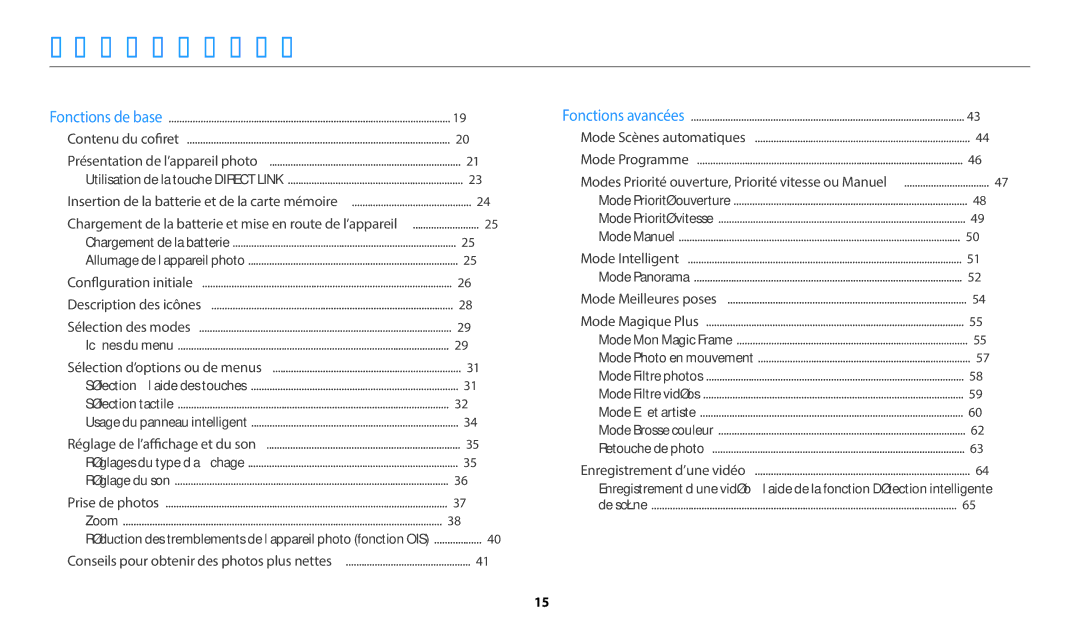 Samsung EC-WB350FBPWFR, EC-WB350FBPBFR manual Table des matières, Chargement de la batterie Allumage de l’appareil photo 