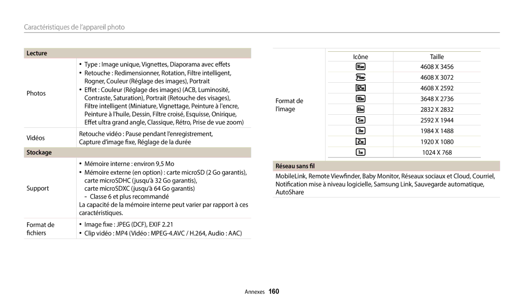 Samsung EC-WB50FZBPWFR, EC-WB350FBPBFR, EC-WB50FZBPBFR, EC-WB352FBDWFR, EC-WB352FBDBFR manual Stockage, Réseau sans fil 