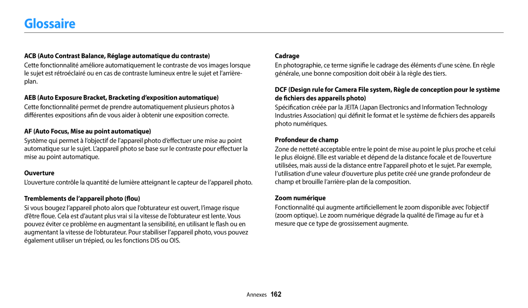 Samsung EC-WB50FZBPBFR, EC-WB350FBPBFR, EC-WB352FBDWFR, EC-WB352FBDBFR, EC-WB350FBPWFR, EC-WB50FZBPWFR manual Glossaire 