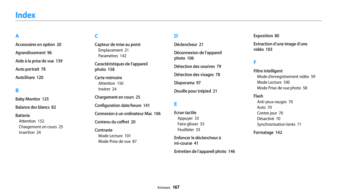 Samsung EC-WB350FBPBFR, EC-WB50FZBPBFR manual Index, Emplacement Paramètres, Insérer, Mode Lecture Mode Prise de vue 