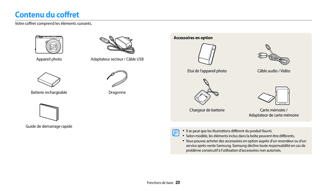 Samsung EC-WB352FBDBFR, EC-WB350FBPBFR, EC-WB50FZBPBFR, EC-WB352FBDWFR manual Contenu du coffret, Accessoires en option 