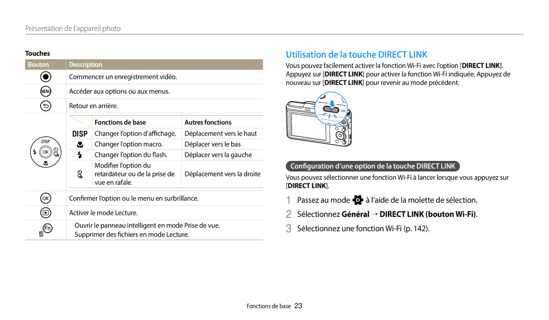 Samsung EC-WB350FBPBFR manual Utilisation de la touche Direct Link, Passez au mode n à l’aide de la molette de sélection 