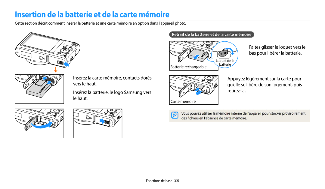 Samsung EC-WB50FZBPBFR Insertion de la batterie et de la carte mémoire, Retrait de la batterie et de la carte mémoire 