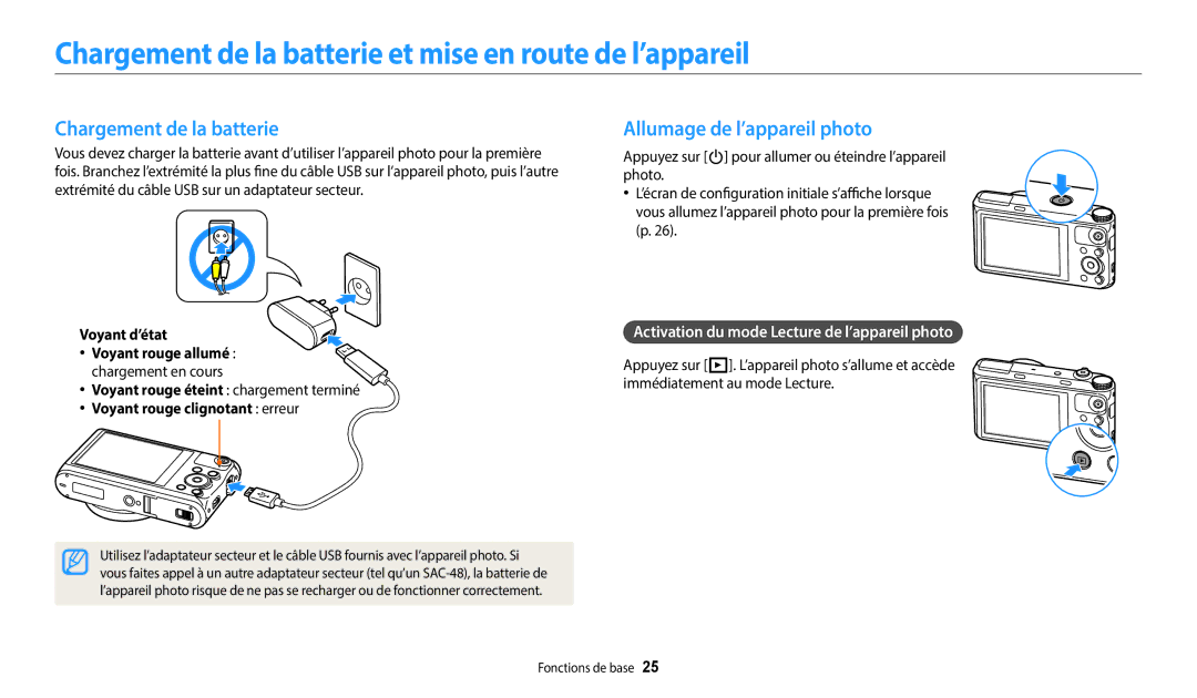 Samsung EC-WB352FBDWFR manual Chargement de la batterie et mise en route de l’appareil, Allumage de l’appareil photo 