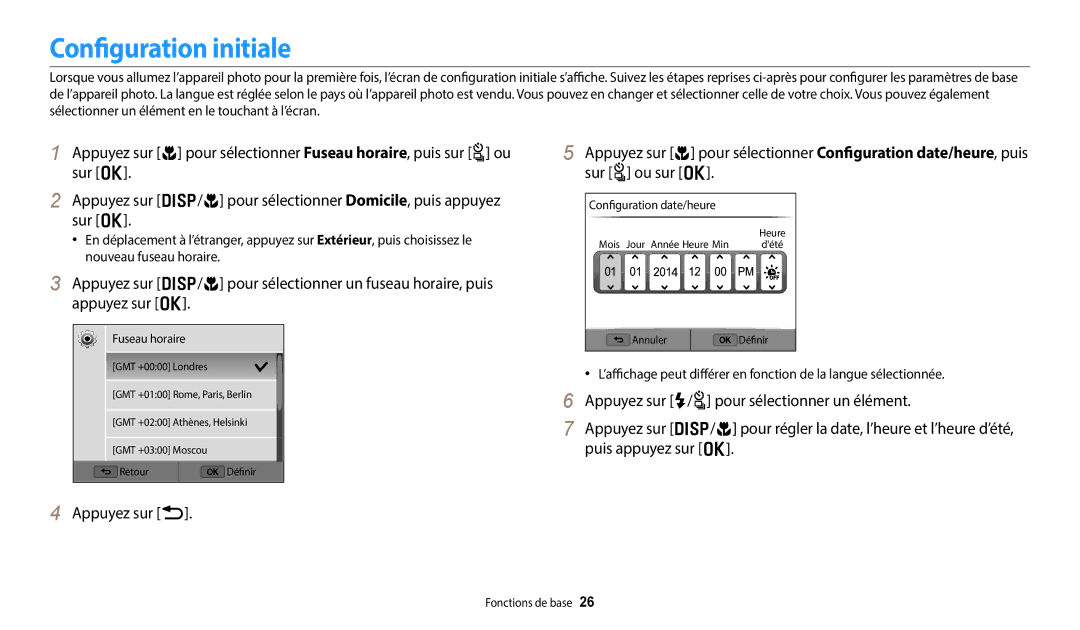 Samsung EC-WB352FBDBFR, EC-WB350FBPBFR, EC-WB50FZBPBFR, EC-WB352FBDWFR, EC-WB350FBPWFR Configuration initiale, Fuseau horaire 