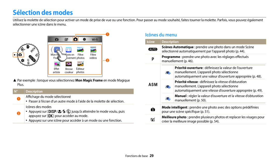 Samsung EC-WB350FBPBFR, EC-WB50FZBPBFR, EC-WB352FBDWFR, EC-WB352FBDBFR, EC-WB350FBPWFR Sélection des modes, Icônes du menu 