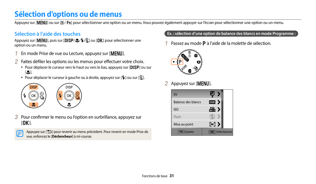 Samsung EC-WB352FBDWFR, EC-WB350FBPBFR, EC-WB50FZBPBFR manual Sélection d’options ou de menus, Sélection à l’aide des touches 