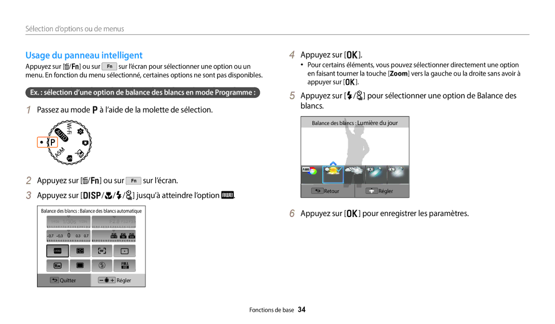 Samsung EC-WB50FZBPWFR, EC-WB350FBPBFR, EC-WB50FZBPBFR, EC-WB352FBDWFR manual Usage du panneau intelligent, Appuyez sur o 