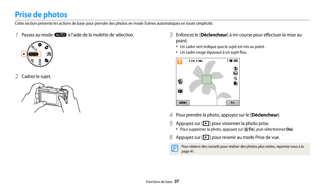 Samsung EC-WB352FBDWFR, EC-WB350FBPBFR, EC-WB50FZBPBFR Prise de photos, Appuyez sur P pour revenir au mode Prise de vue 