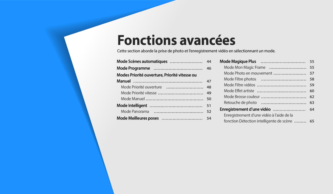 Samsung EC-WB352FBDWFR, EC-WB350FBPBFR, EC-WB50FZBPBFR, EC-WB352FBDBFR, EC-WB350FBPWFR, EC-WB50FZBPWFR manual Fonctions avancées 