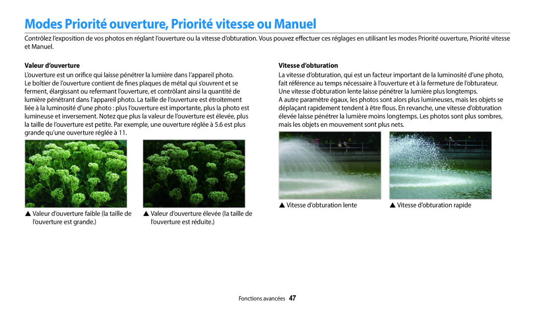 Samsung EC-WB350FBPBFR Modes Priorité ouverture, Priorité vitesse ou Manuel, Valeur d’ouverture, Vitesse d’obturation 