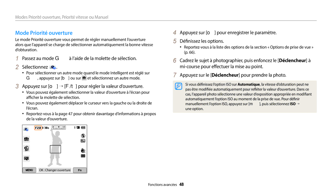 Samsung EC-WB50FZBPBFR, EC-WB350FBPBFR manual Mode Priorité ouverture, Appuyez sur o → F/t pour régler la valeur d’ouverture 