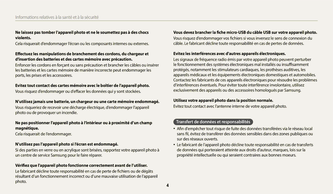 Samsung EC-WB50FZBPWFR Transfert de données et responsabilités, Utilisez votre appareil photo dans la position normale 